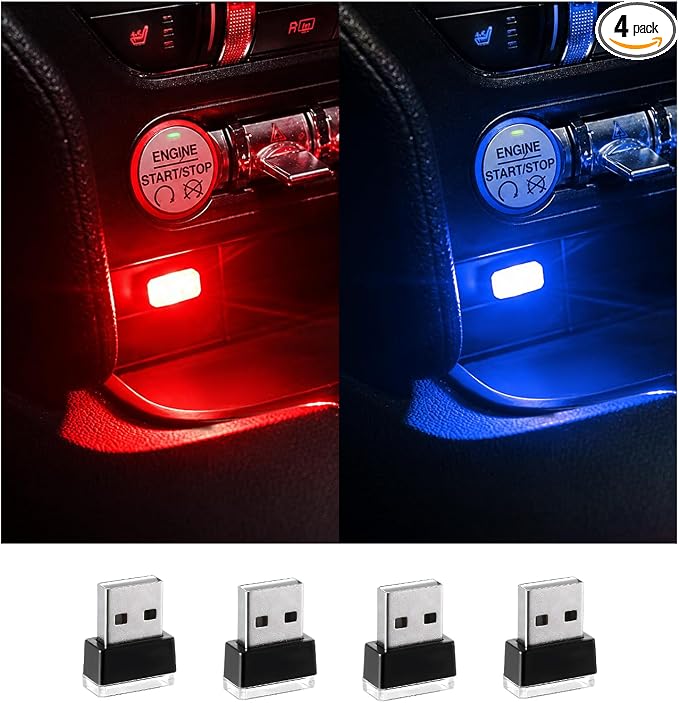 4 PCS USB LED Car Interior Atmosphere Lamp, Plug-in USB Decor Night Light, Portable Auto Ambient Lighting Kit, Universal Vehicle Interior Accessories for Most Cars (Red & Blue)