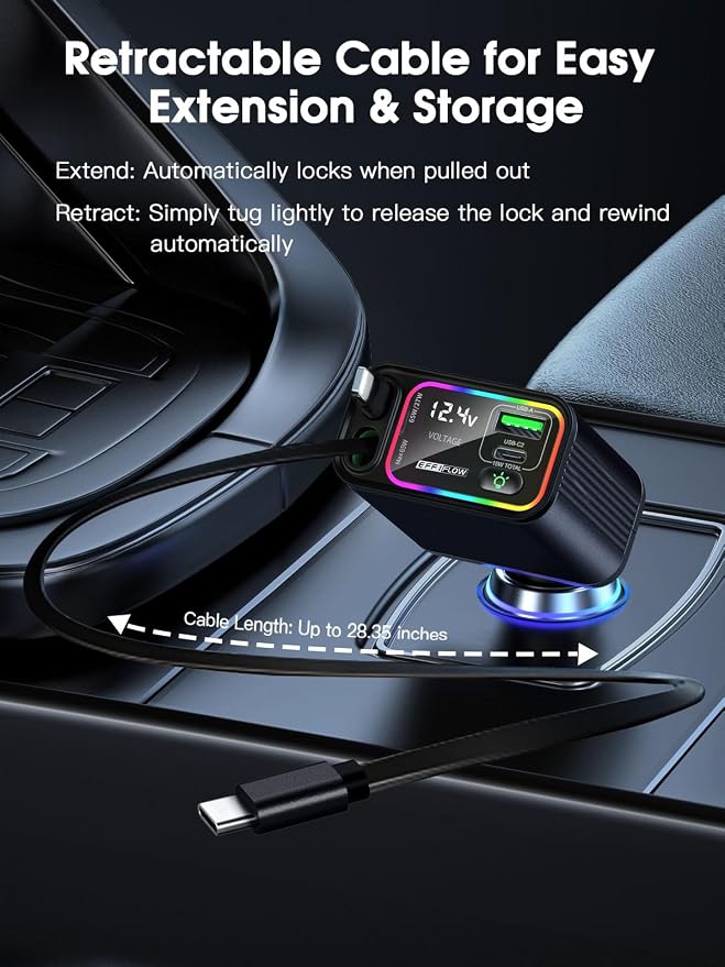 Dual Retractable Car Charger USB C, 145W Fast Charging Type C Car Charger with Retractable Cable, Compatible with iPhone 17/16/15/Air, Samsung S25/24/23/22, Pixel 9/8/7 - Black
