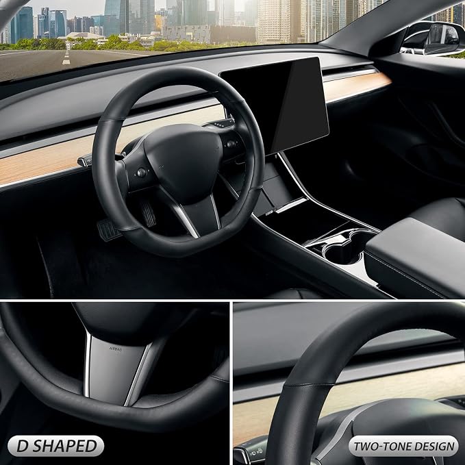 Flat Bottom Steering Wheel Cover, D Shaped Car Wheel Cover 14-14 1/4 in. (35.5-36 cm), for Tesla Model 3 / Y, for Camaro, Black Microfiber Leather