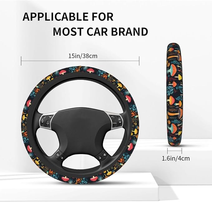 Mushroom Woodland Steering Wheel Cover, 2 Mushrooms Forest Car Coasters | Breathable, Anti-Slip, Universal 14-15 Inch, Neoprene Coasters, Cute Woodland Design, Gift for Men Women