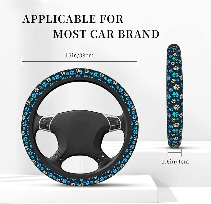 Blue Dog Paw Print Auto Car Steering Wheel Cover Universal 15 Inch Neoprene Interior Decor Protection Accessories