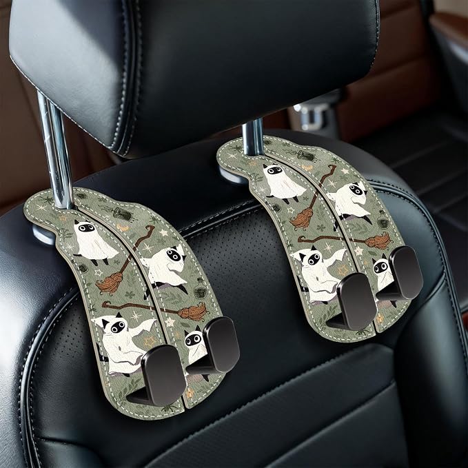 2PCS Car Hooks for Purses Bags, Halloween Spooky Cute Cat Witch Magic Seat Back Storage Headrest Holder Hanger PU Leather Double Metal Backseat Organizer, Women Car Accessories Organization