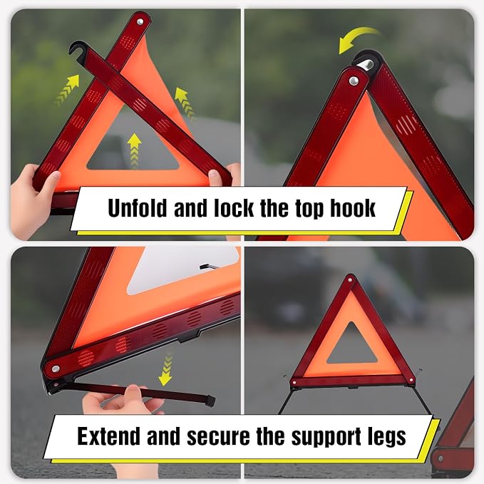 Emergency Warning Triangle Kit – Roadside Safety Kit with Reflective Warning Triangles, High-Visibility Safety Vests, Storage Bag & Gloves for Car Breakdowns & Emergencies