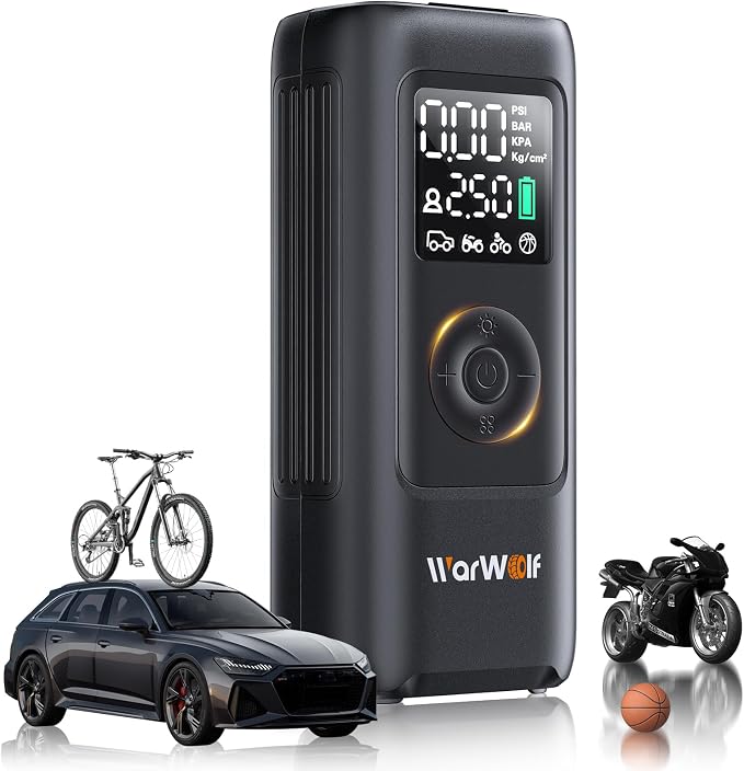 WARWOLF 160PSI Portable Air Compressor, Air Pump for Car Tires with Pressure Gauge, Dual Power 12V DC, Auto Shut-Off, Rechargeable Tire Pump for SUV Truck Motorcycle Bicycle Balls