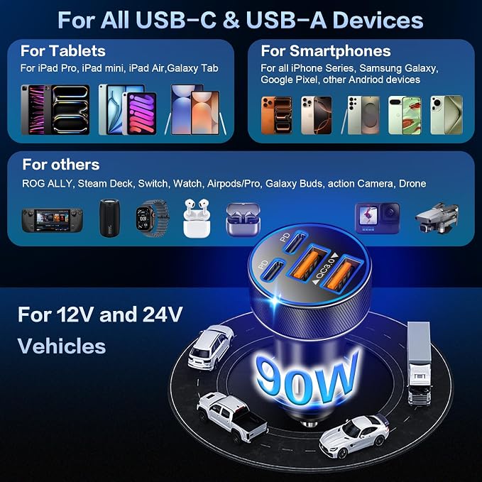 USB C Car Charger, 3-Pack Multi Port 90W Super Fast Charging Cigarette Lighter Adapter, 4-in-1 Dual USB-C & USB-A Car Phone Power Adapter for iPhone 17/16/15/Pro Max, iPad, Samsung Galaxy S25