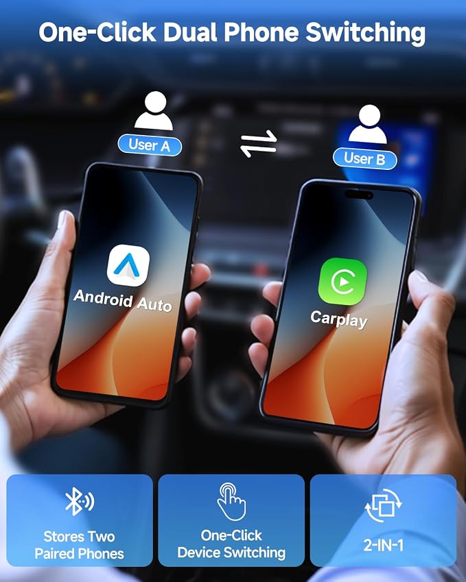 2-in-1 Wireless CarPlay & Android Auto Adapter, One-Click User Switching, Converts Wired to Wireless, Fit with iOS 10+ and Android 11+, Plug & Play, Supporting USB A & Type-C, Phantom Silver