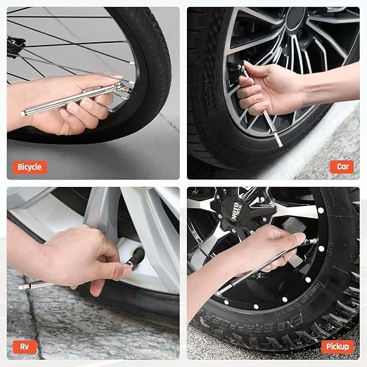 Pencil Tire Pressure Gauge 6 Pack (10-50PSI, 20-120PSI) with Tire Caps Calibrated to ANSI B40.1 Grade B(2%), Stainless Steel Body, for Cars, Pickups, RVs, Bicycle