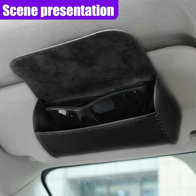 Sunglasses Holder for Car Sun Visor, Leather Car Sunglass Holder with Hidden Magnetic Closure, Clip On Glasses Case, Universal Storage Box Organizer Accessories (Black)
