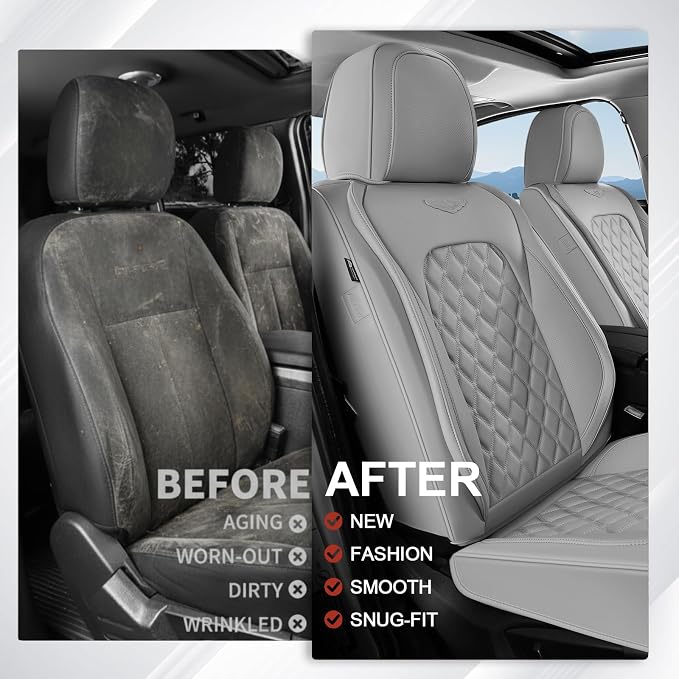 Coverado Full Set Car Seat Covers, Luxury Faux Leather Waterproof Seat Covers, Gray Car Seat Protectors, Universal Fit, Leather Seat Cushions for Cars-Gray