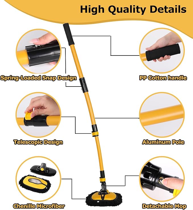 47.64" Car Wash Brush Mop Kit Mitt Sponge with Long Handle Car Cleaning Supplies Kit Tools Car Washing Duster Exterior Scratch Free, Chenille Replacement Head Extension Pole
