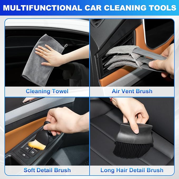 Windshield Cleaner Tool, Car Interior Cleaning Kit, Car Detailing Kit Interior Cleaner with10Pcs Detailing Brush Set, Gray Auto Detailing Supplies & Accessories