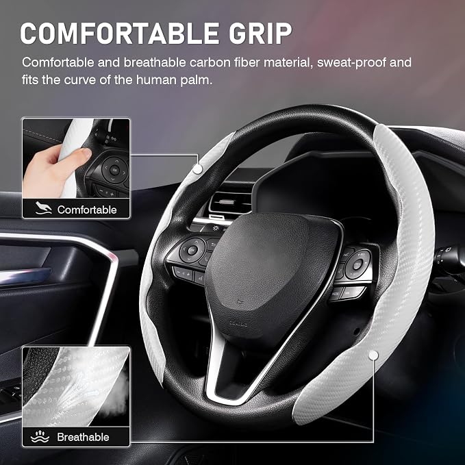 Steering Wheel Cover, Carbon Fiber Steering Wheel Cover for Men/Women, Anti-Slip, Durable, Universal for 99% Car Interior Accessories (White)