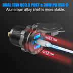 12 Volt USB Outlet RV Accessory 12V Marine Switch Panel, Dual PD30W and QC18W Car USB Port Aluminum Charger, Lighted 150W Cigarette Lighter Socket, Blue LED Voltmeter and Rocker Switch, 4 IN 1 DIY Kit