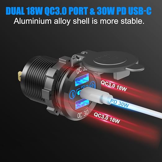 12 Volt USB Outlet RV Accessory 12V Marine Switch Panel, Dual PD30W and QC18W Car USB Port Aluminum Charger, Lighted 150W Cigarette Lighter Socket, Blue LED Voltmeter and Rocker Switch, 4 IN 1 DIY Kit