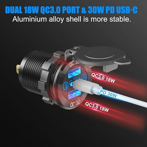 12 Volt USB Outlet RV Accessory 12V Marine Switch Panel, Dual PD30W and QC18W Car USB Port Aluminum Charger, Lighted 150W Cigarette Lighter Socket, Blue LED Voltmeter and Rocker Switch, 4 IN 1 DIY Kit