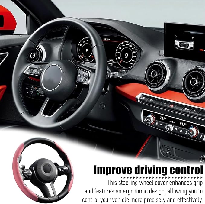 2PCS/Set Car Steering Wheel Cover, Leather Segmented Anti-Slip Automotive Wheel Protector, Soft Breathable Vehicle Steering Protection Covers, Universal Interior Accessories (Pink)