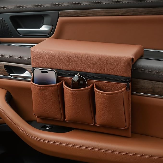 Car Window Armrest Storage Box: Leather Window Side Bag Organizer with Cushion Pocket Universal Front Car Door Armrest Pad Accessory for Vehicle Truck Console Elbow Support Brown