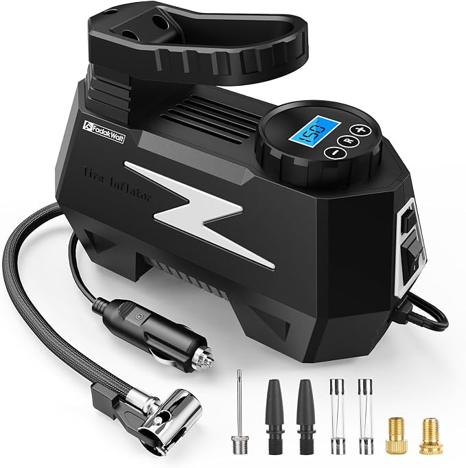 Tire Inflator Portable Air Compressor, 12V DC Car Air Pump with Auto Shutoff, 150 PSI Digital Gauge, LED Light, Metal Valve Connector, Accessories for Cars, Large, Sliver