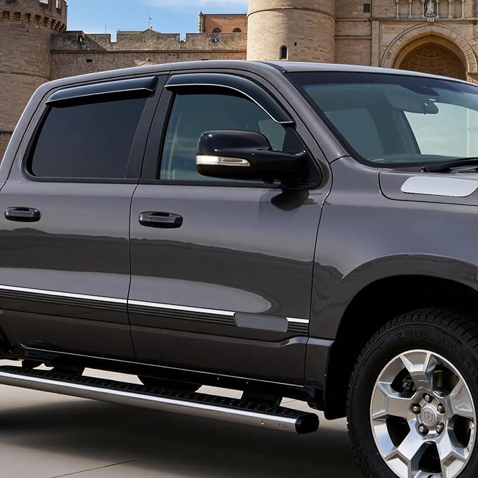 Tape-On Window Visors for Ram 1500 Crew Cab (New Body Style) 2019 2020 2021 2022 2023 2024 2025, Outside Mount Rain Guards Vent Visors Window Deflectors, Smoke Tint, 4PCS