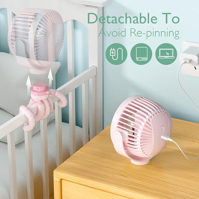 8000mAh Portable Stroller Fan, 27H Ultra-long Battery Life Detachable 4 Speed 360°Rotate LED Night Light with 2 Modes, USB Rechargeable Handheld Cooling Fan for Travel/Car Seat/Bedroom