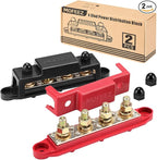 Power Distribution Block Bus Bar, 4 x 5/16" Posts, 6 x #8 Screws Terminals, Max 48V 250A (Pair, Red & Black)