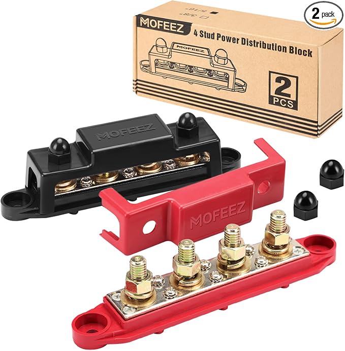 Power Distribution Block Bus Bar, 4 x 5/16" Posts, 6 x #8 Screws Terminals, Max 48V 250A (Pair, Red & Black)