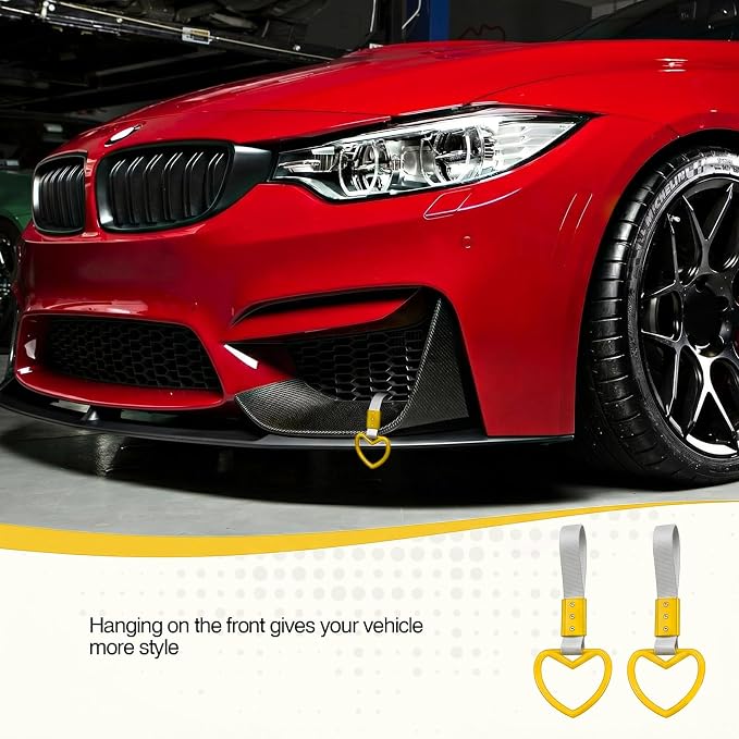 2PCS Heart Shaped Car Handle Straps, Rear Bumper Warning Keychain Ring for Car Exterior Accessories (Yellow-Silver)