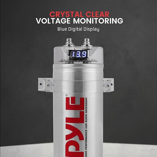 Pyle 6.0 Farad Digital Power Capacitor - High-Performance Car Audio Accessory with Blue Digital Display Voltage Readout Over Voltage Protection Mounting Hardware DC 12-24V