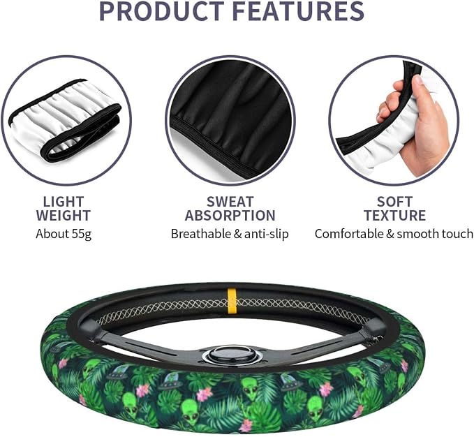 Alien Palm Leaf Flower Spaceship Steering Wheel Cover Car Accessories Cute for Women Girls Girly Universal 15 Inch Neoprene Auto Interior Decor Anti Slip Car Truck Protector