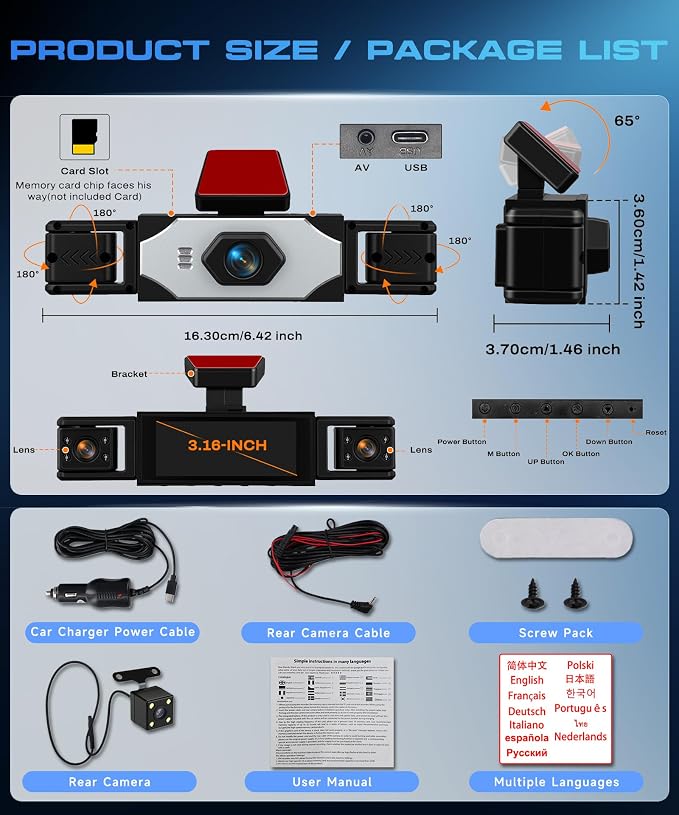 360° Dash Cam 1080P Front+480P Rear Left Right, 4 Channel Dash Cam for Car, 3.16 Inch IPS Dashcams with Night Vision, Loop Recording, Motion Detection, 24/7 Parking Monitor, Reversing Help