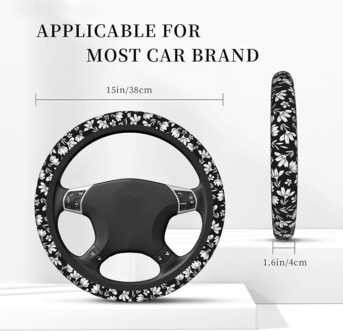 Small Flowers Steering Wheel Cover, White and Black Floral Elastic Non-Slip Steering Wheel Protector,Auto Interior Decor for Women Girls,Universal 15" Fit for Sedans,Trucks