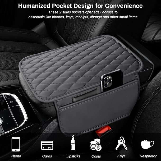 Car Center Console Cover Upgraded Microfiber Leather Car Arm Rest Cover with 2 Storage Bags Universal Armrest Cover for Car Storage Box Car Interior Accessories Protector for Most Vehicle-Gray