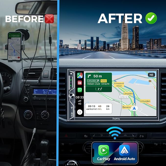 7" QLED Double Din Car Stereo Compatible with Wireless Apple CarPlay & Android Auto, 240W 4.2CH Dual Subwoofer Out, Dash Cam & Backup Camera Included, Bluetooth, Mirrorlink, FM/AM Car Radio