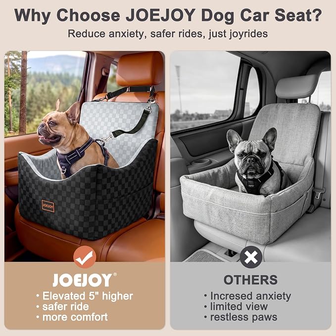 Elevated Dog Car Seat for Small/Medium Dogs up to 35 lbs, Memory Foam Booster Seat with Detachable Washable Cover, Travel-Safe Car Bed with Safety Belts & Storage Pockets, Grey