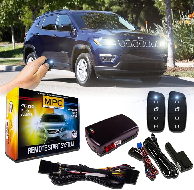MPC Plug N Play Remote Starter Compatible with 2008-2017 Jeep Compass |Gas| Key to Start| with T-Harness - (2) Extended Range 4-Button 2-Way Remotes - Up to 1,500 ft