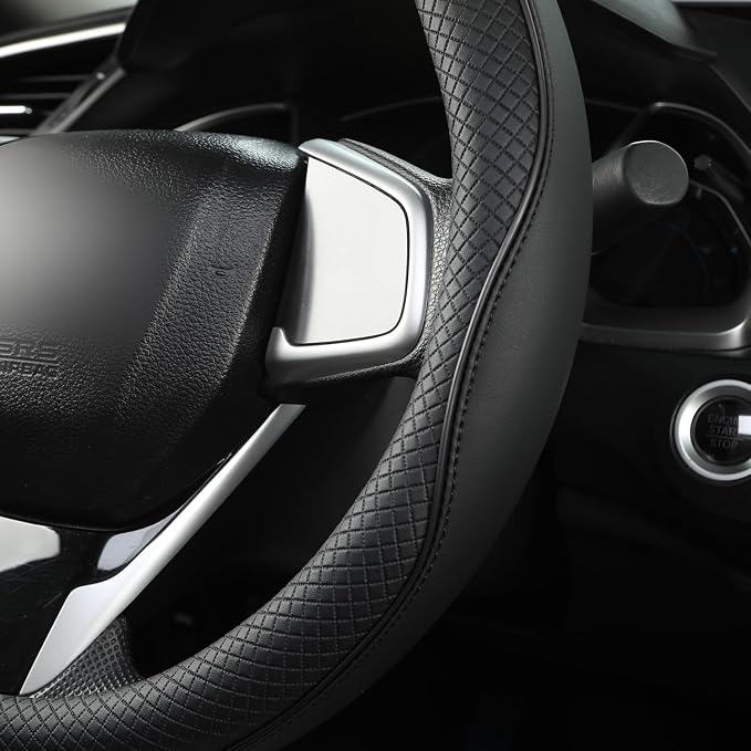 Microfiber Leather Car Steering Wheel Cover for Honda Accord Civic CR-V HR-V Pilot Fit Passport Odyssey,Sport Style,14.5-15 inch (Black-Standrad Size)