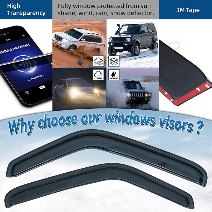 Set of 2 in Channel Front Doors Smoke Sun/Rain Guard Wind Deflector Tape-On Acrylic Window Visors Compatible with 1993-2011 Ranger 1994-2010 B2300/B2500/B3000/B4000 Regular & Extended Cab