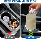 Mini Car Trash Can with Lid, Portable Garbage Can for Car, Leakproof Cup Holder Automotive Garbage Bin with 2 Rolls of Trash Bags, Small Trash Storage Can for Car Home Office(Beige)