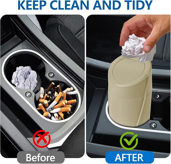 Mini Car Trash Can with Lid, Portable Garbage Can for Car, Leakproof Cup Holder Automotive Garbage Bin with 2 Rolls of Trash Bags, Small Trash Storage Can for Car Home Office(Beige)