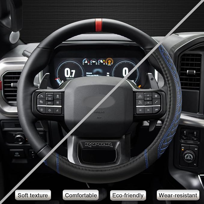 Customized Auto Car Steering Wheel Cover for Ford F-150, F-250, F-350, Expedition(Diamond Quilted - Black+Blue)