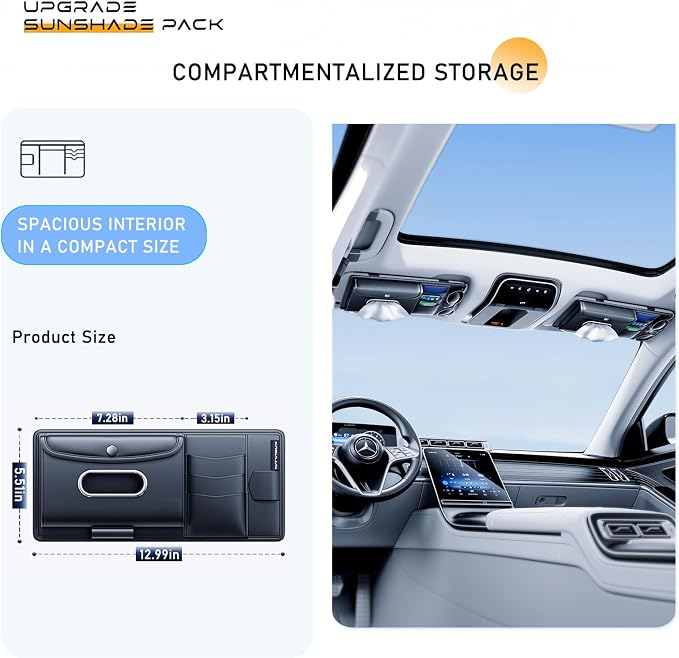 Car Sun Visor Organizer with Tissue Holder, Auto Consoles Organizer with Sunglass Clip,Multi-Pocket Visor Accessories for Truck, SUV，Card/Pen/Driver's License Storage