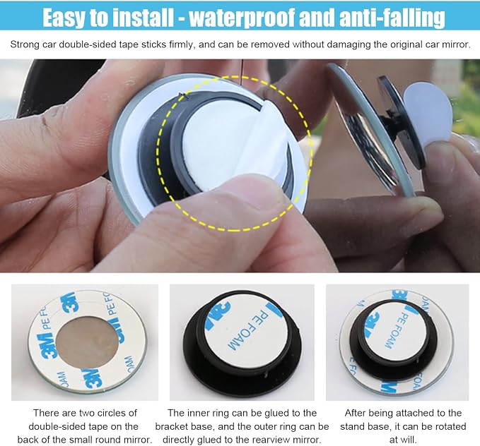 Round Blind Spot Car Mirror - 2" Frameless HD Glass Convex 360 Degree Wide Angle Rear View Side Mirror With Adjustable Stick for Car SUV Truck (Round/4PCS)