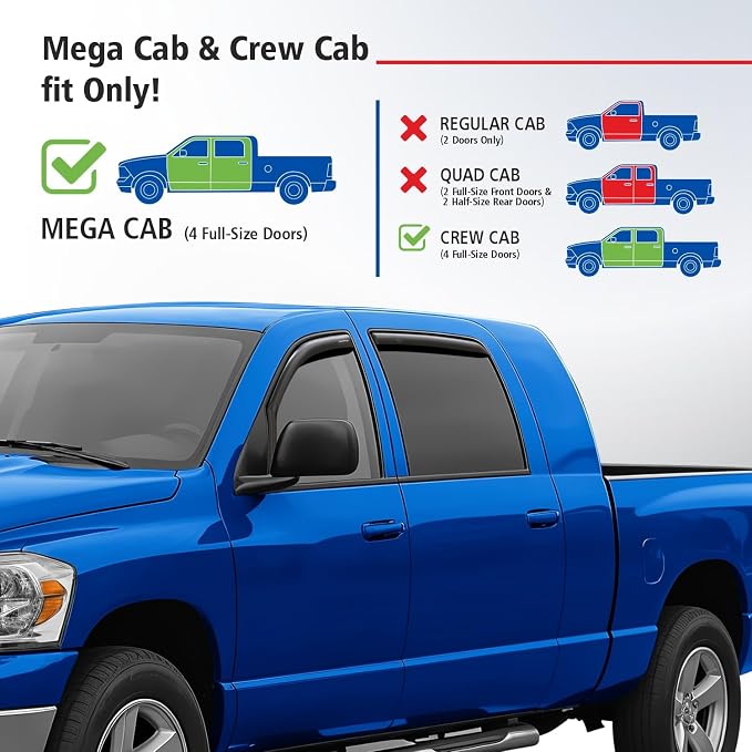 Goodyear Shatterproof in-Channel Window Deflectors for Dodge RAM 2002-2008 MegaCab, Rain Guards, Window Visors for Cars, Vent Deflector, Car Accessories, 4 pcs - GY008047