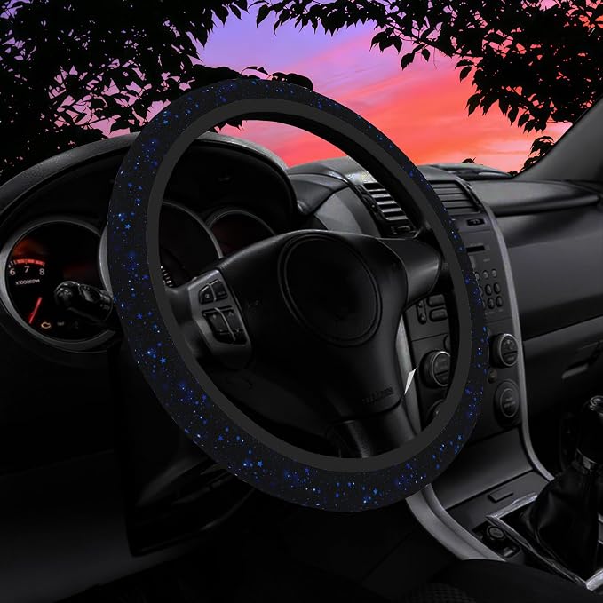 Blue Glitter Stars Steering Wheel Cover for Women Men Neoprene Breathable Starry Sky Wheel Cover Protector Anti-Slip Car Accessories Universal 15 Inch Fit for Cars Trucks Vehicles