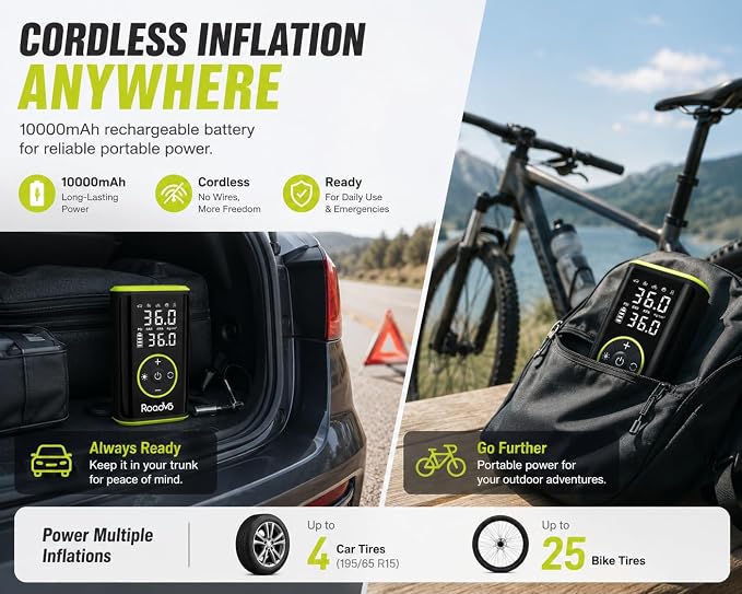 10000mAh Tire Inflator Portable Air Compressor | 150PSI, 3X Faster Electric Cordless, Presta & Schrader Valves, Auto Shut-Off, LED,Car,Motorcycle,Bike,Ball