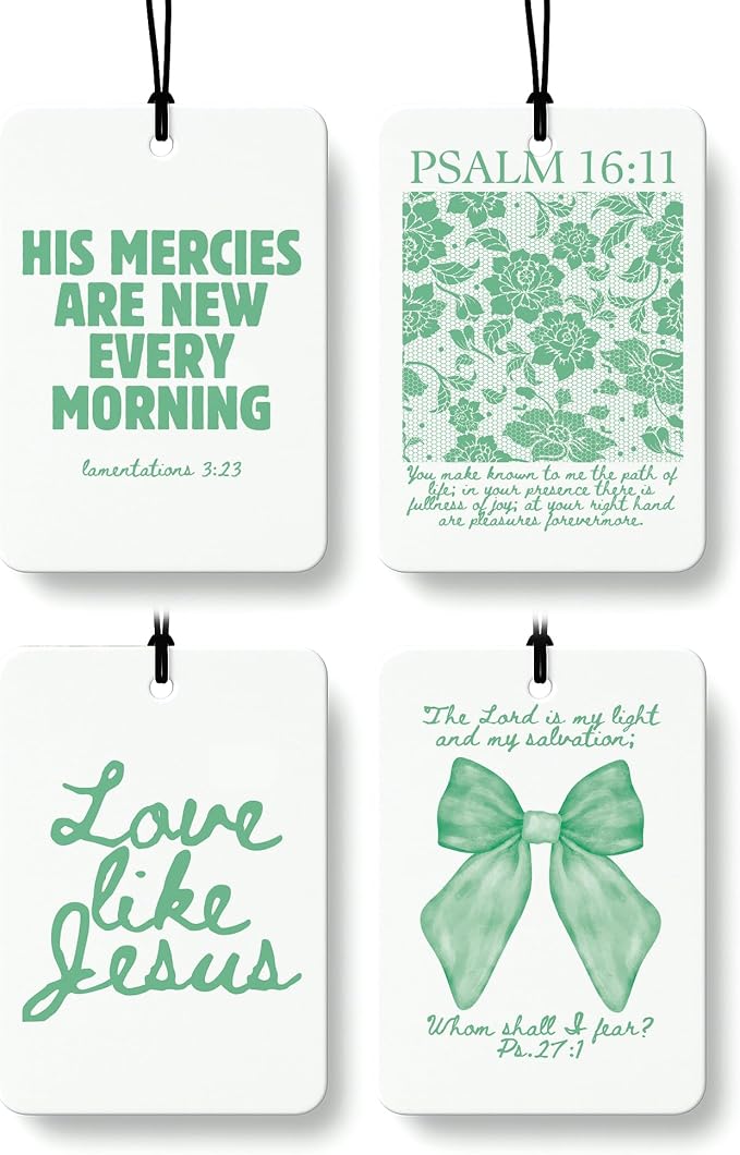 Green Christian Car Air Freshener 4 Pcs, Girly Pink Bow Floral Religious Hanging Air Freshener for Cars Closet Drawer Books, Cute Preppy Christian Car Accessories Mirror Decor for Women