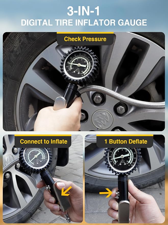 Heavy Duty Tire Pressure Gauge, Tire Inflator Gauge 230PSI Air Chuck Air Compressor Attachments, with Steel Braided Hose, Large 2.6" Glow Dial & Quick Connect Coupler, for Truck/Car/SUV/RV/Bike