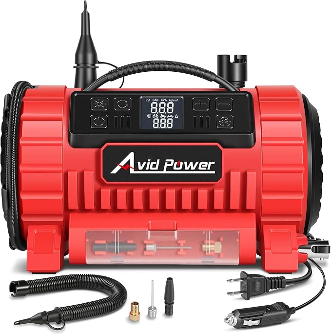 Tire Inflator Portable Air Compressor, 12V DC/110V AC Car Tire Pump with Inflation and Deflation, 5 Preset Modes, Digital LCD Gauge for Car Tires, Bike, and Air Mattress (Dark Red)