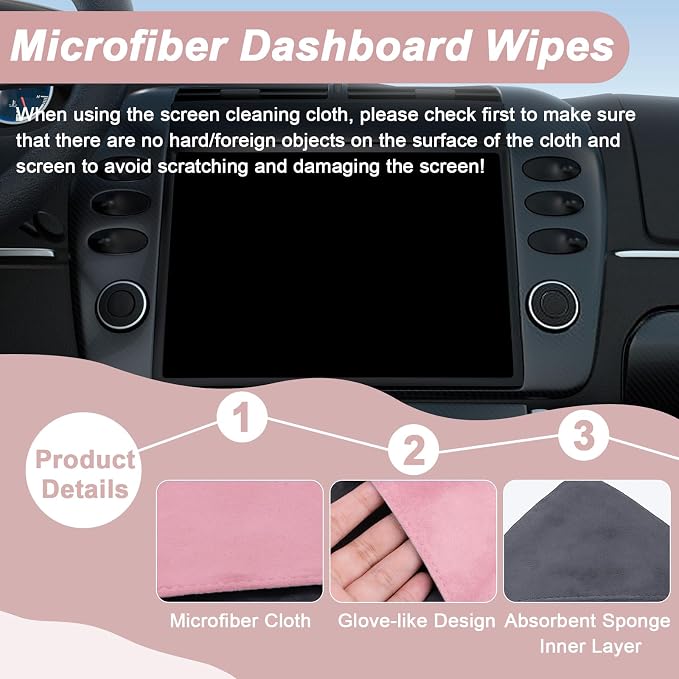 Car Screen Cleaner, 4.1''×4.1'' Microfiber Dashboard Wipes, Square Microfiber Cloth, Automotive Display Wipes,Vehicle Screen Cleaner Tool for Dashboard Display, Car Interior Tool (Pink)