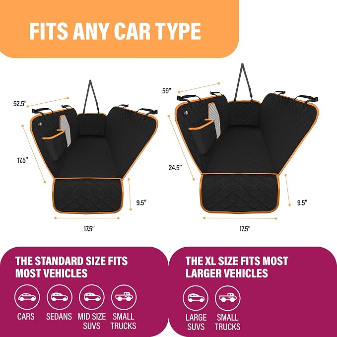 Dog Car Seat Cover for Back Seat, Waterproof Pet Protection Hammock, SUV Truck Car Backseat Protector with Safety Features, XL, Orange